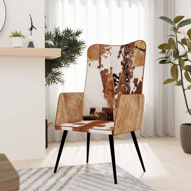 The Living Store Fauteuil - Armstoel - 55x41x97 - 100% echt leer - Bruin/wit - Knoopontwerp