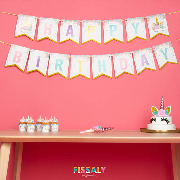 Fissaly® 53 Stuks Roze Eenhoorn Verjaardag Decoratie Versiering – Unicorn Topper Set – Kinderfeest – feest
