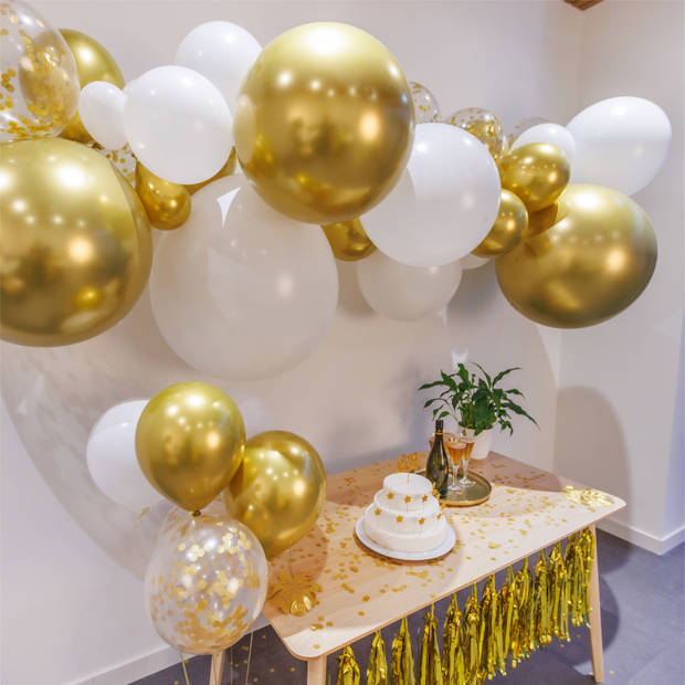 Fissaly® Ballonnenboog Wit, Goud & Papieren Gouden Confetti Ballonnen – Ballonboog Feest Decoratie Verjaardag Versiering