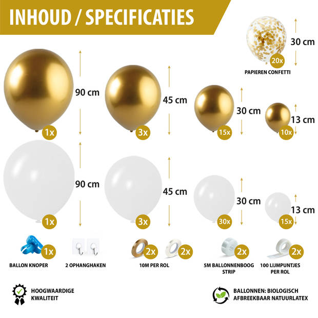 Fissaly® Ballonnenboog Wit, Goud & Papieren Gouden Confetti Ballonnen – Ballonboog Feest Decoratie Verjaardag Versiering