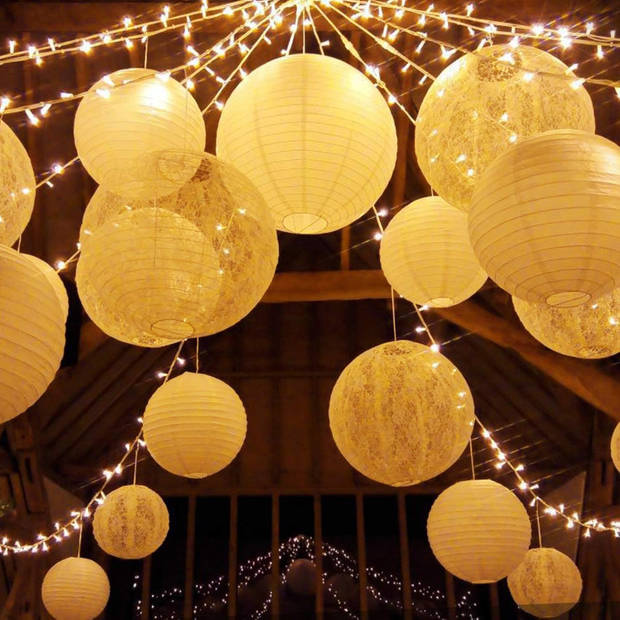Fissaly® 20 Stuks Witte Lampionnen Feest Versiering – Decoratie Slinger – Verjaardag, Jubileum & Bruiloft