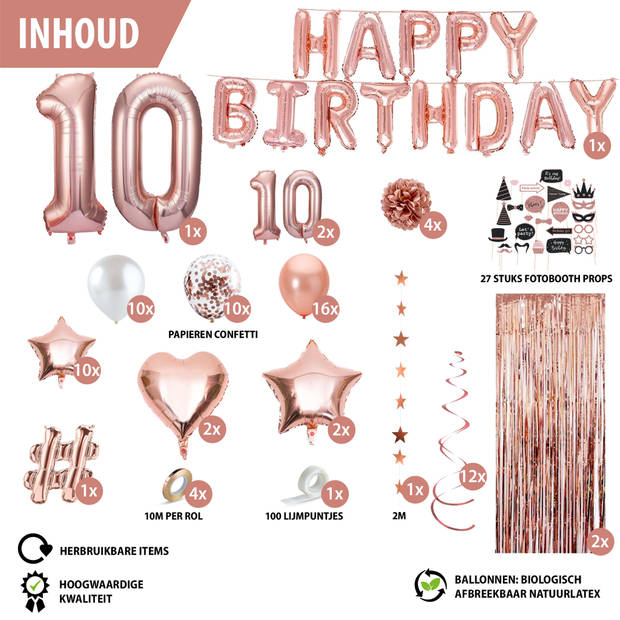 Fissaly® 10 Jaar Rose Goud Verjaardag Decoratie Versiering - Helium, Latex & Papieren Confetti Ballonnen