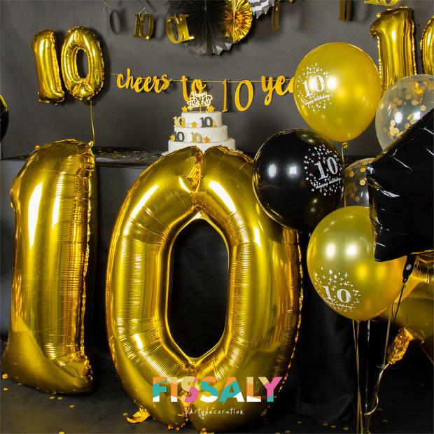 Fissaly® 10 Jaar Verjaardag Decoratie Versiering - Ballonnen – Jongen & Meisje - Zwart en Goud