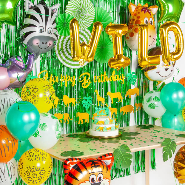 Fissaly® 106 Stuks Jungle Decoratie Versiering Set – Happy Birthday Safari Thema – Slingers, Ballonnen & Accessoires