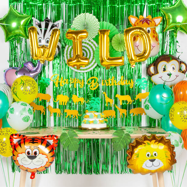 Fissaly® 106 Stuks Jungle Decoratie Versiering Set – Happy Birthday Safari Thema – Slingers, Ballonnen & Accessoires