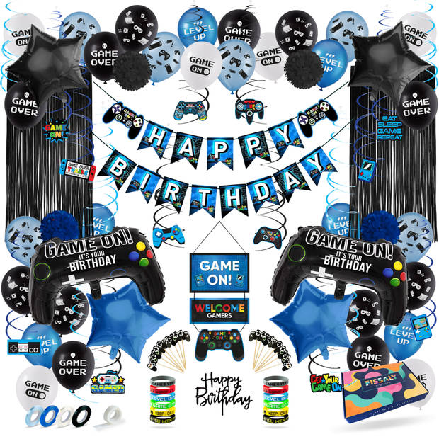 Fissaly® 107 Stuks Video Game Verjaardag Versiering Set met Dansjes Ballonnen - Blauw