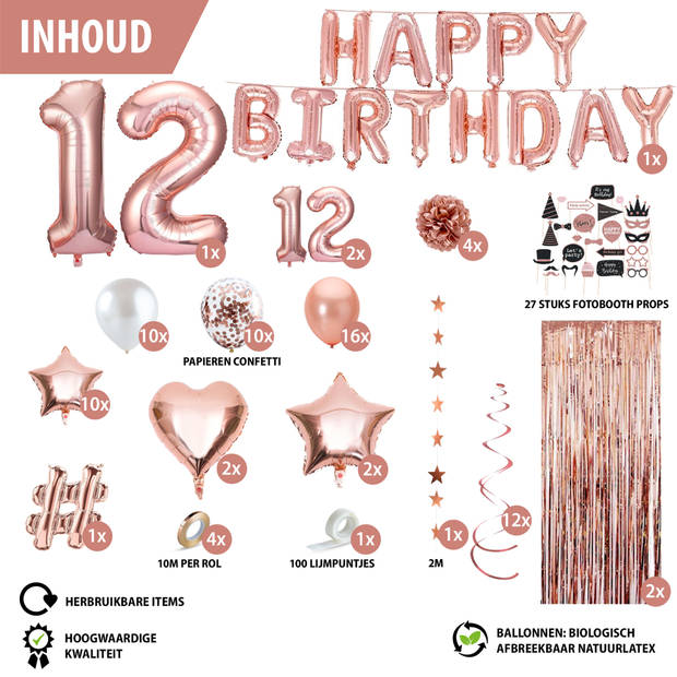 Fissaly® 12 Jaar Rose Goud Verjaardag Decoratie Versiering - Helium, Latex & Papieren Confetti Ballonnen