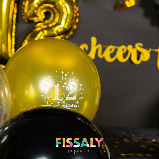 Fissaly® 12 Jaar Verjaardag Decoratie Versiering - Ballonnen – Jubileum - Jongen & Meisje - Zwart en Goud
