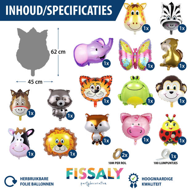 Fissaly® 15 Grote Dieren Folie Ballonnen met Lint – Feest Versiering – Kinderfeestje – Decoratie