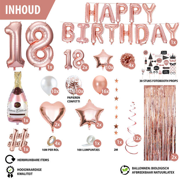 Fissaly® 18 Jaar Rose Goud Verjaardag Decoratie Versiering - Helium, Latex & Papieren Confetti Ballonnen
