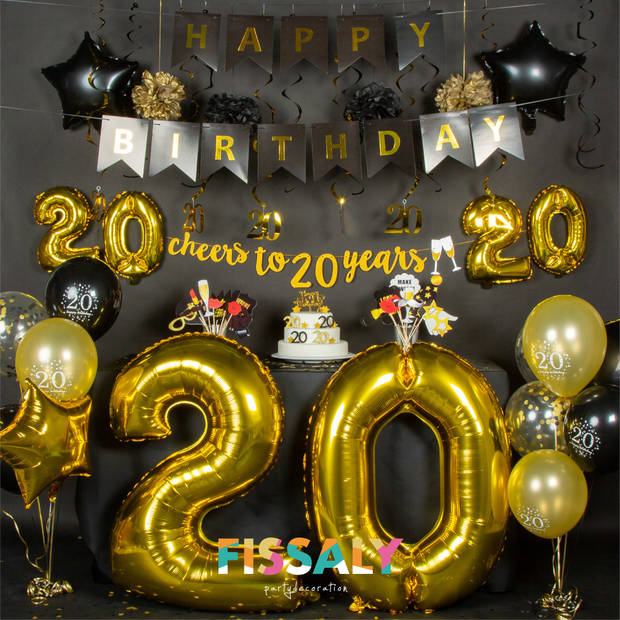 Fissaly® 20 Jaar Verjaardag Decoratie Versiering - Ballonnen – Jubileum Man & Vrouw - Zwart en Goud