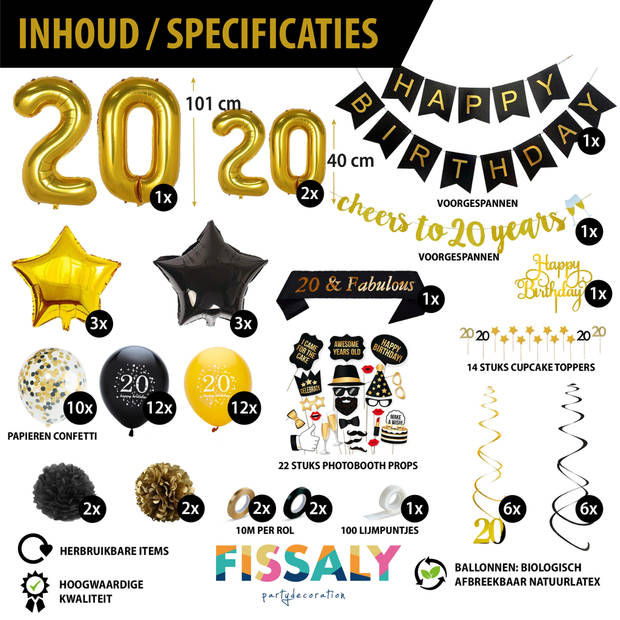 Fissaly® 20 Jaar Verjaardag Decoratie Versiering - Ballonnen – Jubileum Man & Vrouw - Zwart en Goud