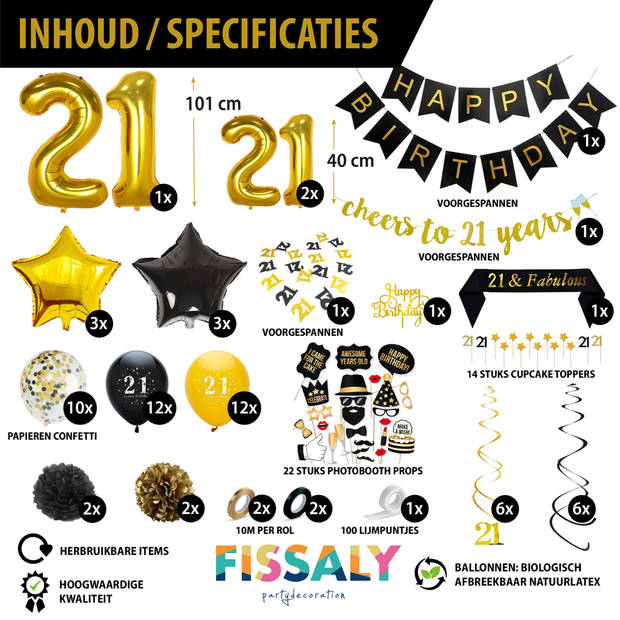 Fissaly® 21 Jaar Zwart & Goud Verjaardag Decoratie Versiering - Helium, Latex & Papieren Confetti Ballonnen