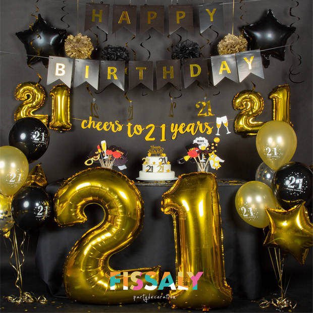 Fissaly® 21 Jaar Zwart & Goud Verjaardag Decoratie Versiering - Helium, Latex & Papieren Confetti Ballonnen