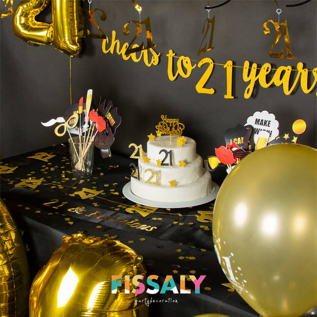 Fissaly® 21 Jaar Zwart & Goud Verjaardag Decoratie Versiering - Helium, Latex & Papieren Confetti Ballonnen