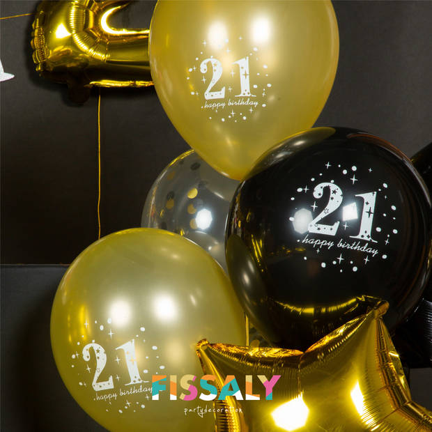 Fissaly® 21 Jaar Zwart & Goud Verjaardag Decoratie Versiering - Helium, Latex & Papieren Confetti Ballonnen