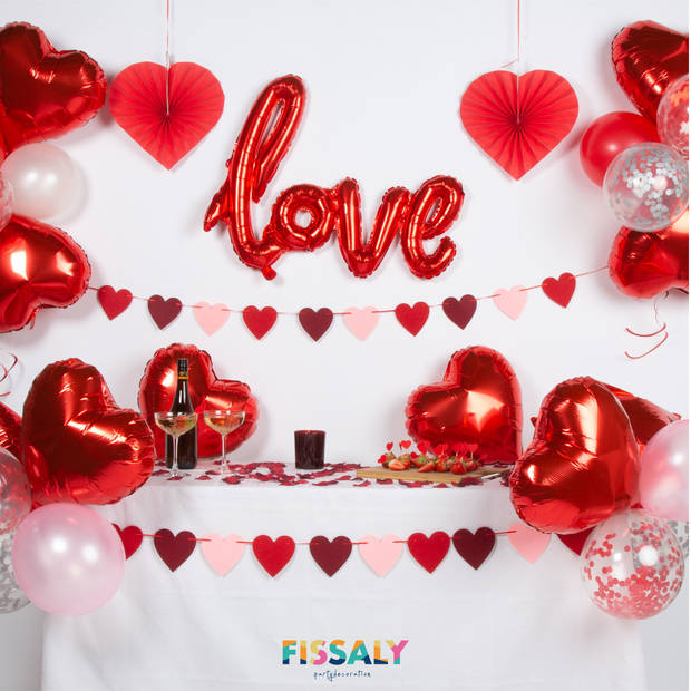 Fissaly® 22 Stuks Liefde & Hartjes Decoratie Set met Helium Ballonnen en Lint – I Love you – Hem & Haar Cadeautje - Rood