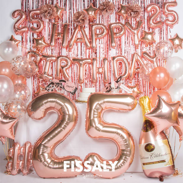 Fissaly® 25 Jaar Rose Goud Verjaardag Decoratie Versiering – Feest - Helium, Latex & Papieren Confetti Ballonnen