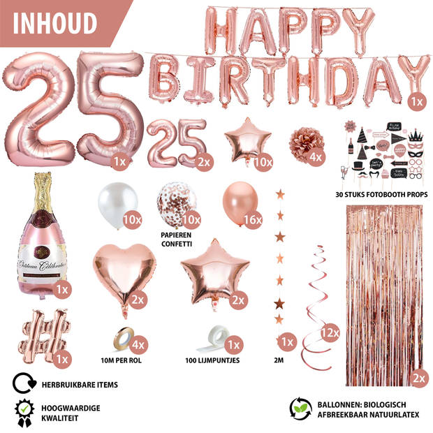 Fissaly® 25 Jaar Rose Goud Verjaardag Decoratie Versiering – Feest - Helium, Latex & Papieren Confetti Ballonnen