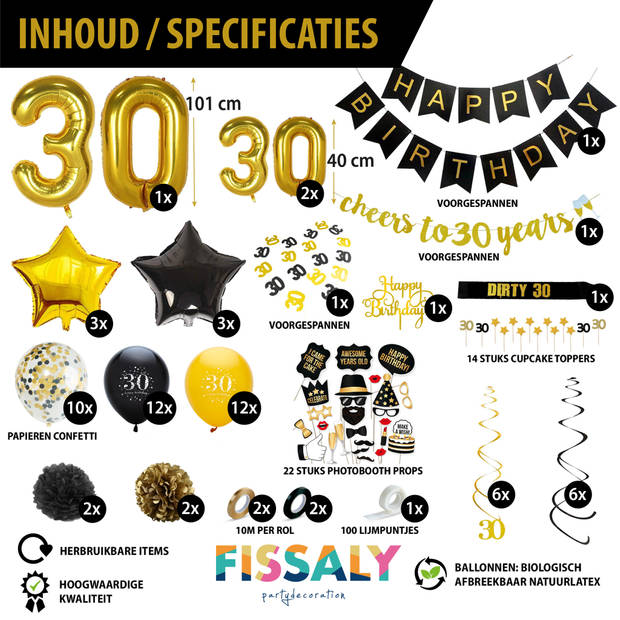 Fissaly® 30 Jaar Verjaardag Decoratie Versiering - Ballonnen – Jubileum Man & Vrouw - Zwart en Goud