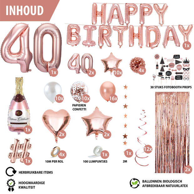 Fissaly® 40 Jaar Rose Goud Verjaardag Decoratie Versiering - Helium, Latex & Papieren Confetti Ballonnen