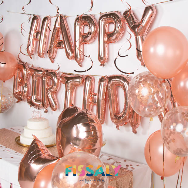 Fissaly® 45 Stuks Rose Goud Verjaardag Decoratie Versiering met Ballonnen – Feest - Papieren Confetti – Roze – Helium