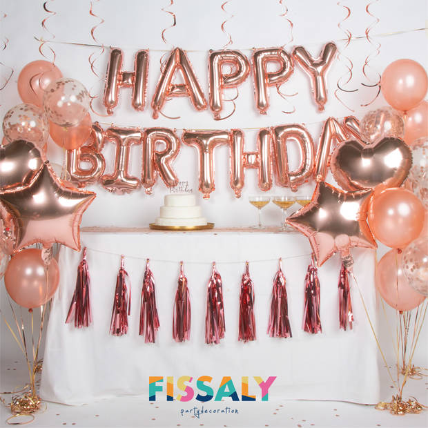 Fissaly® 45 Stuks Rose Goud Verjaardag Decoratie Versiering met Ballonnen – Feest - Papieren Confetti – Roze – Helium