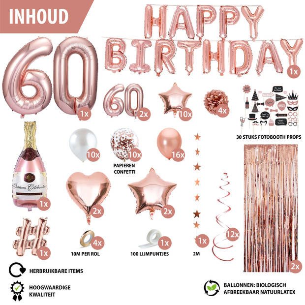Fissaly® 60 Jaar Rose Goud Verjaardag Decoratie Versiering – Feest - Helium, Latex & Papieren Confetti Ballonnen
