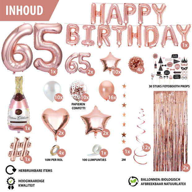 Fissaly® 65 Jaar Rose Goud Verjaardag Decoratie Versiering – Feest - Helium, Latex & Papieren Confetti Ballonnen