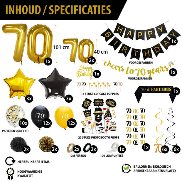 Fissaly® 70 Jaar Verjaardag Decoratie Versiering - Ballonnen – Jubileum Man & Vrouw - Zwart en Goud