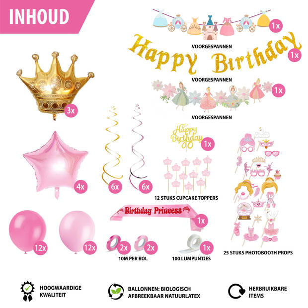 Fissaly® 78 Stuks Prinses Sprookjes Verjaardag Versiering – Kinderfeestje Meisje Decoratie – Feest Pakket