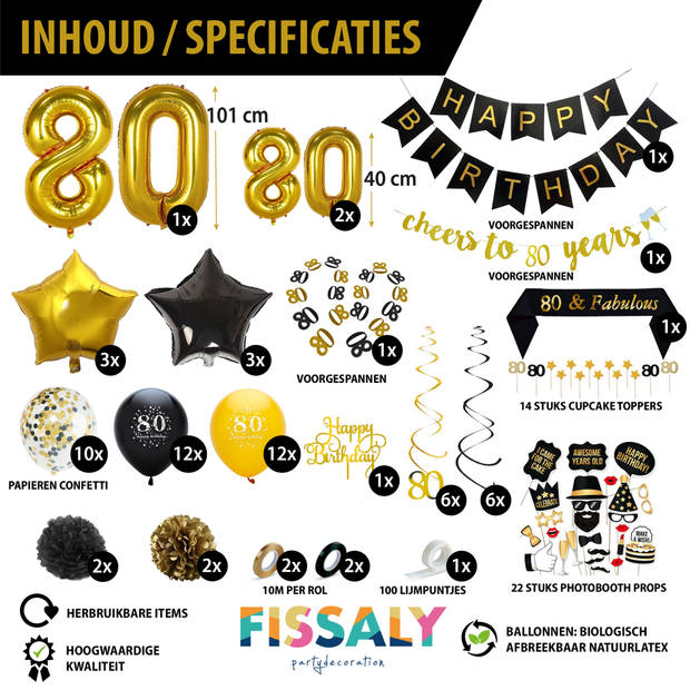 Fissaly® 80 Jaar Verjaardag Decoratie Versiering - Ballonnen – Jubileum Man & Vrouw - Zwart en Goud
