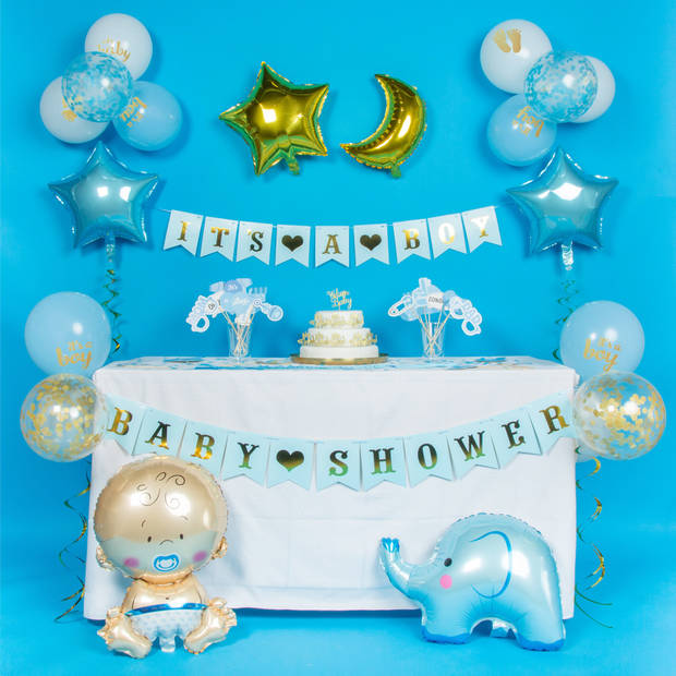 Fissaly® 81 Stuks Babyshower Jongen & Gender Reveal Versiering – Baby Boy – Mommy to Be Party Decoratie Pakket
