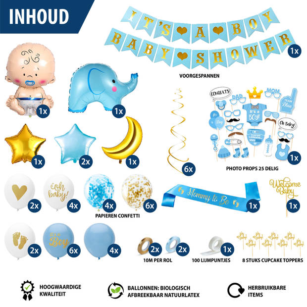 Fissaly® 81 Stuks Babyshower Jongen & Gender Reveal Versiering – Baby Boy – Mommy to Be Party Decoratie Pakket