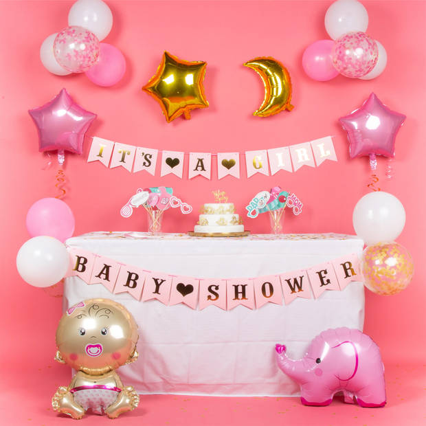 Fissaly® 80 Stuks Babyshower Meisje & Gender Reveal Versiering – Baby Girl – Mommy to Be Party Decoratie Pakket