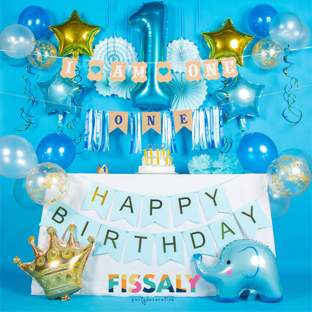 Fissaly® Baby 1 Jaar Verjaardag Versiering Jongen XXL – Happy Birthday Kind Decoratie Incl. Ballonnen – Blauw