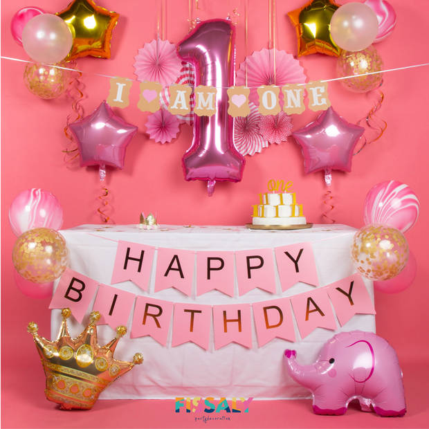 Fissaly® Baby 1 Jaar Verjaardag Versiering Meisje XXL – Happy Birthday Kind Decoratie Incl. Ballonnen – Roze