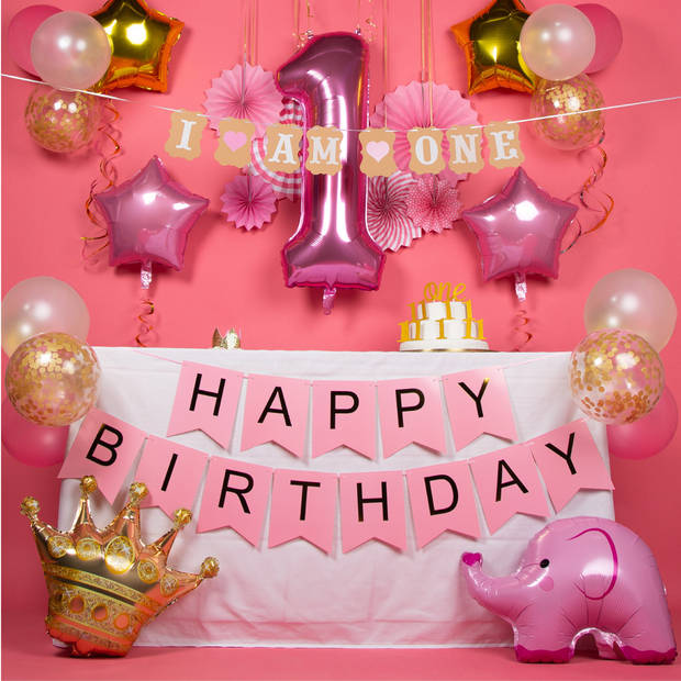 Fissaly® Baby 1 Jaar Verjaardag Versiering Meisje XXL – Happy Birthday Kind Decoratie Incl. Ballonnen – Roze