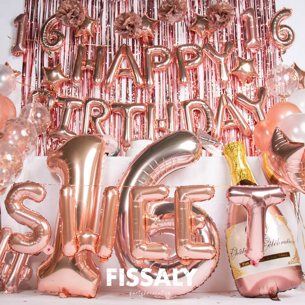 Fissaly® Sweet 16 Jaar Rose Goud Verjaardag Decoratie Versiering - Helium, Latex & Papieren Confetti Ballonnen
