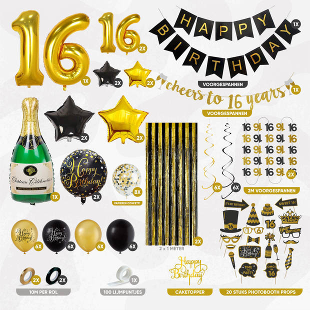 Fissaly® Sweet 16 Jaar Zwart & Goud Verjaardag Decoratie Versiering - Helium, Latex & Papieren Confetti Ballonnen