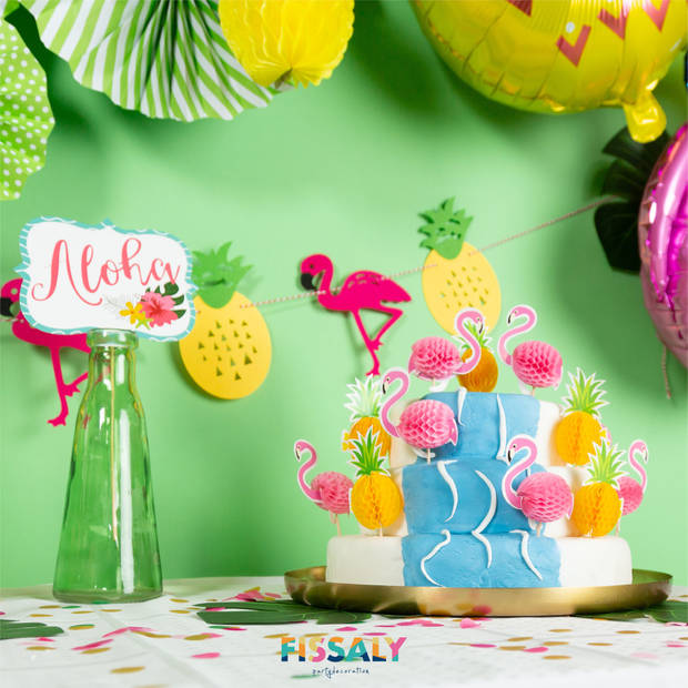 Fissaly® 127 Stuks Hawaii Flamingo & Ananas Feest Decoratie – Slingers – Helium - Ballonnen