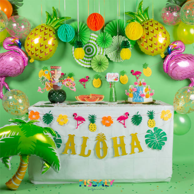 Fissaly® 127 Stuks Hawaii Flamingo & Ananas Feest Decoratie – Slingers – Helium - Ballonnen