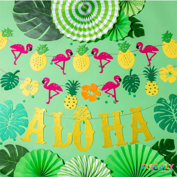 Fissaly® 127 Stuks Hawaii Flamingo & Ananas Feest Decoratie – Slingers – Helium - Ballonnen