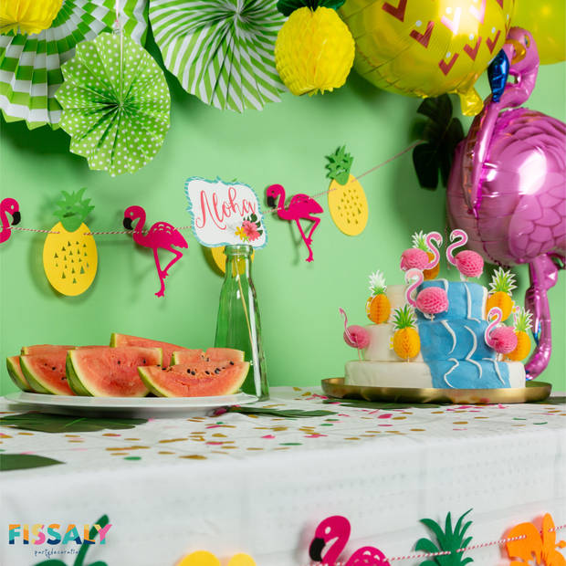 Fissaly® 127 Stuks Hawaii Flamingo & Ananas Feest Decoratie – Slingers – Helium - Ballonnen