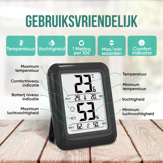 Strex Digitale Thermo Hygrometer Zwart - Digitale Thermo Meter Binnen - Hygro Meter Binnen - Weerstation Met