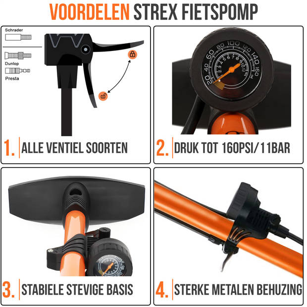 Strex Fietspomp - Drukmeter - 11 Bar – Bal pomp - Oranje