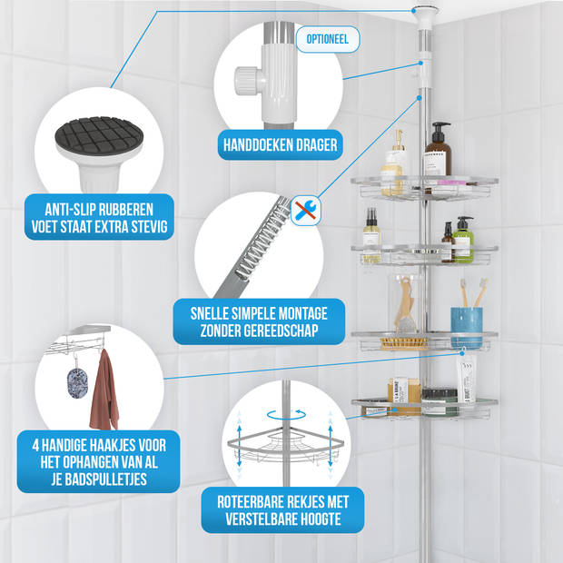 Strex Telescopisch Doucherek RVS - Verstelbaar 70-275 cm - 4 Mandjes - Robuuste Kwaliteit - Bevestigen zonder Boren of
