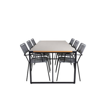Texas tuinmeubelset tafel 100x200cm en 6 stoel armleuningG Lindos zwart, naturel, grijs.