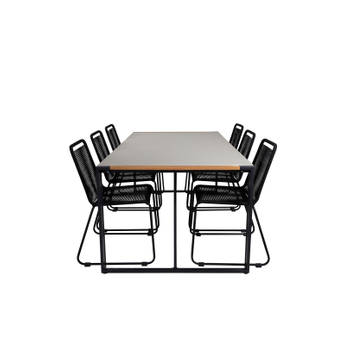 Texas tuinmeubelset tafel 100x200cm en 6 stoel stapelS Lindos zwart, naturel, grijs.