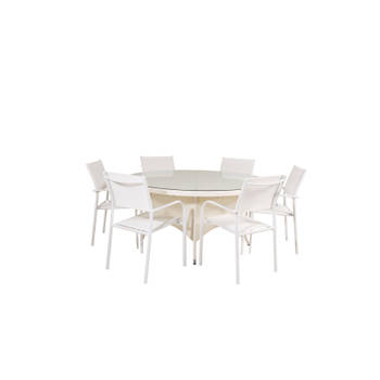 Volta tuinmeubelset tafel Ø150cm en 6 stoel Santorini wit.